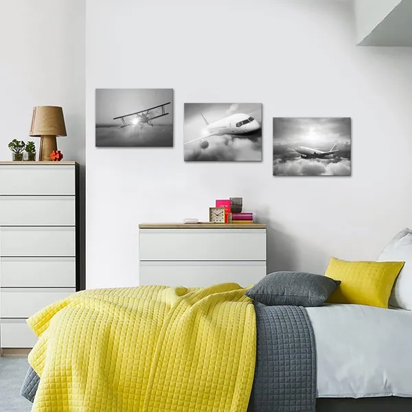 Multicolor_3_Piece_Black_and_White_Plane_Wall_Art_Airplane_During_Sunset_Pictures_Photo_Giclee_Print_on_Canvas_Modern_Aircraft_Wall_Decor_|_For_Boy_Bedroom_Office_Living_Room_Ready_to_Hang_(Small)