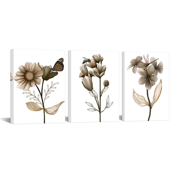 Multicolor_3_Piece_Flower_Canvas_Wall_Art_Black_and_White_Floral_Painting_Art_Prints_Transparent_Floral_with_Butterfly_Picture_Artwork_Modern_Bedroom_Bathroom_Decor_Framed_Ready_to_Hang_(Brown,_Small)