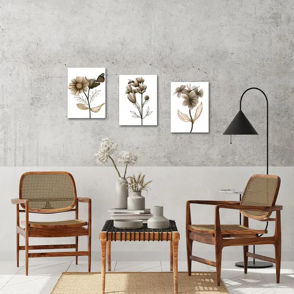 Multicolor_3_Piece_Flower_Canvas_Wall_Art_Black_and_White_Floral_Painting_Art_Prints_Transparent_Floral_with_Butterfly_Picture_Artwork_Modern_Bedroom_Bathroom_Decor_Framed_Ready_to_Hang_(Brown,_Small)