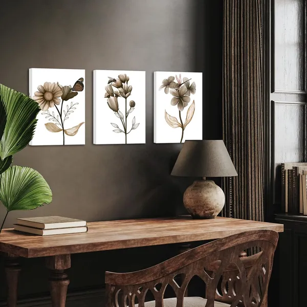 Multicolor_3_Piece_Flower_Canvas_Wall_Art_Black_and_White_Floral_Painting_Art_Prints_Transparent_Floral_with_Butterfly_Picture_Artwork_Modern_Bedroom_Bathroom_Decor_Framed_Ready_to_Hang_(Brown,_Small)