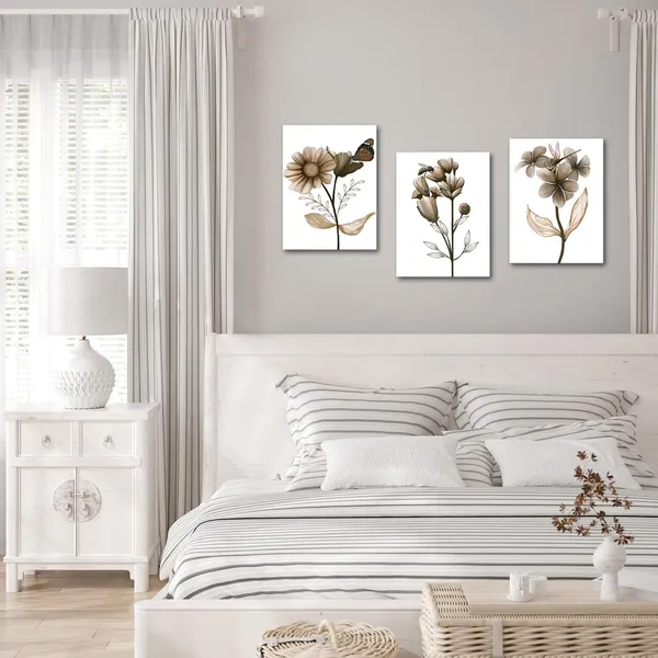 Multicolor_3_Piece_Flower_Canvas_Wall_Art_Black_and_White_Floral_Painting_Art_Prints_Transparent_Floral_with_Butterfly_Picture_Artwork_Modern_Bedroom_Bathroom_Decor_Framed_Ready_to_Hang_(Brown,_Small)