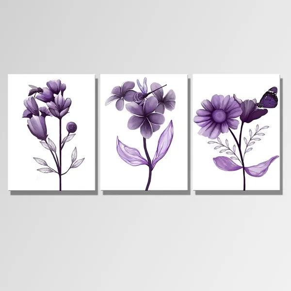 Multicolor_3_Piece_Canvas_Wall_Art_Purple_Flower_Painting_Art_Prints_Purple_Floral_with_Butterfly_Bee_Dragonfly_Picture_Artwork_Modern_Bedroom_Bathroom_Wall_Decor_Framed_Ready_to_Hang_Each_Panel_12x16