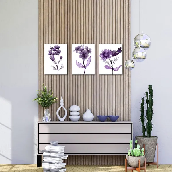 Multicolor_3_Piece_Canvas_Wall_Art_Purple_Flower_Painting_Art_Prints_Purple_Floral_with_Butterfly_Bee_Dragonfly_Picture_Artwork_Modern_Bedroom_Bathroom_Wall_Decor_Framed_Ready_to_Hang_Each_Panel_12x16