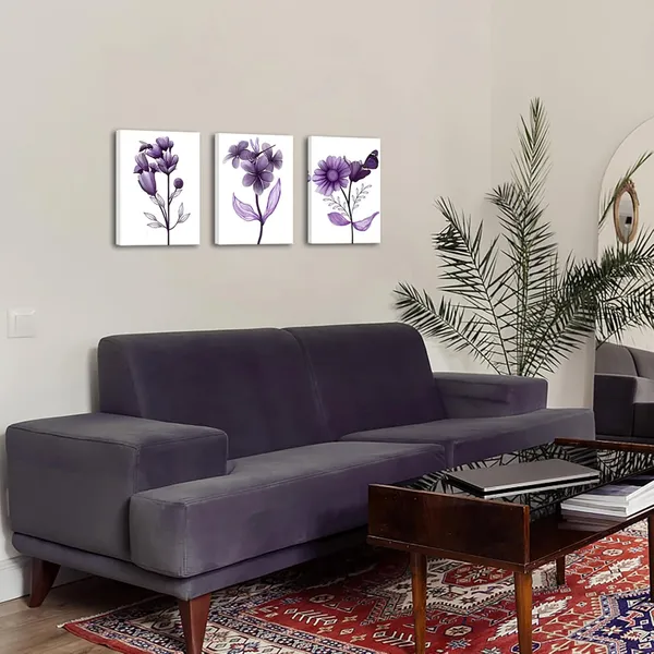 Multicolor_3_Piece_Canvas_Wall_Art_Purple_Flower_Painting_Art_Prints_Purple_Floral_with_Butterfly_Bee_Dragonfly_Picture_Artwork_Modern_Bedroom_Bathroom_Wall_Decor_Framed_Ready_to_Hang_Each_Panel_12x16