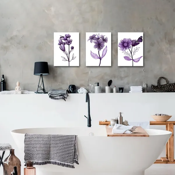 Multicolor_3_Piece_Canvas_Wall_Art_Purple_Flower_Painting_Art_Prints_Purple_Floral_with_Butterfly_Bee_Dragonfly_Picture_Artwork_Modern_Bedroom_Bathroom_Wall_Decor_Framed_Ready_to_Hang_Each_Panel_12x16