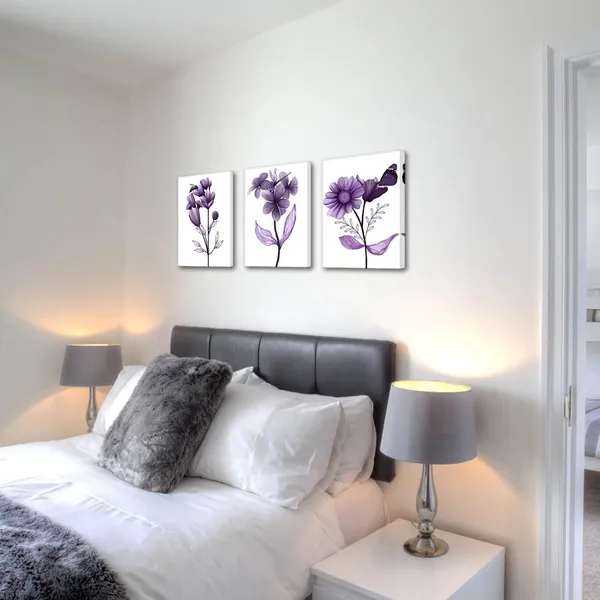 Multicolor_3_Piece_Canvas_Wall_Art_Purple_Flower_Painting_Art_Prints_Purple_Floral_with_Butterfly_Bee_Dragonfly_Picture_Artwork_Modern_Bedroom_Bathroom_Wall_Decor_Framed_Ready_to_Hang_Each_Panel_12x16