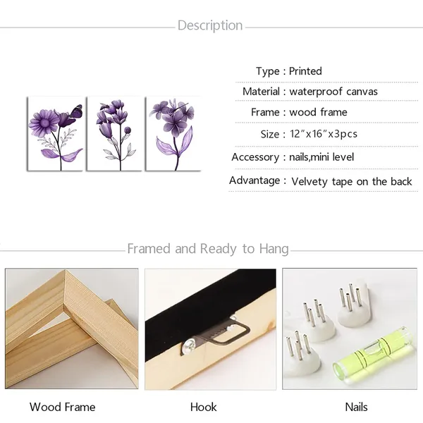 Multicolor_3_Piece_Canvas_Wall_Art_Purple_Flower_Painting_Art_Prints_Purple_Floral_with_Butterfly_Bee_Dragonfly_Picture_Artwork_Modern_Bedroom_Bathroom_Wall_Decor_Framed_Ready_to_Hang_Each_Panel_12x16