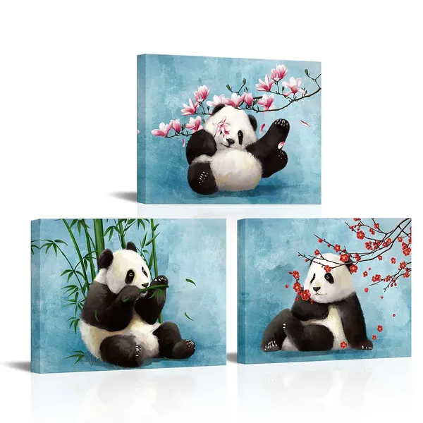 Multicolor_Cute_Animal_Canvas_Wall_Art_Baby_Panda_Playing_with_Flower_Pictures_Print_Chinese_Style_Painting_Artwork_Stretched_and_Framed_Artwork_|_For_Kids_Bedroom_Living_Room_Nursery_Decor_(Small)