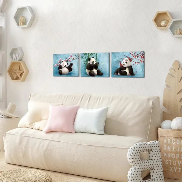 Multicolor_Cute_Animal_Canvas_Wall_Art_Baby_Panda_Playing_with_Flower_Pictures_Print_Chinese_Style_Painting_Artwork_Stretched_and_Framed_Artwork_|_For_Kids_Bedroom_Living_Room_Nursery_Decor_(Small)