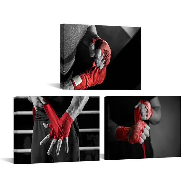 Multicolor_3_Piece_Black_and_White_Red_Canvas_Wall_Art_Boxer_with_Red_Boxing_Bandages_Picture_Painting_Gym_Sports_Bodybuilding_Poster_Prints_Framed_|_For_Man_Bedroom_Decor_Ready_to_Hang_(Small)