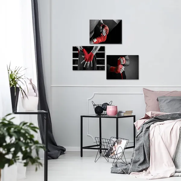 Multicolor_3_Piece_Black_and_White_Red_Canvas_Wall_Art_Boxer_with_Red_Boxing_Bandages_Picture_Painting_Gym_Sports_Bodybuilding_Poster_Prints_Framed_|_For_Man_Bedroom_Decor_Ready_to_Hang_(Small)