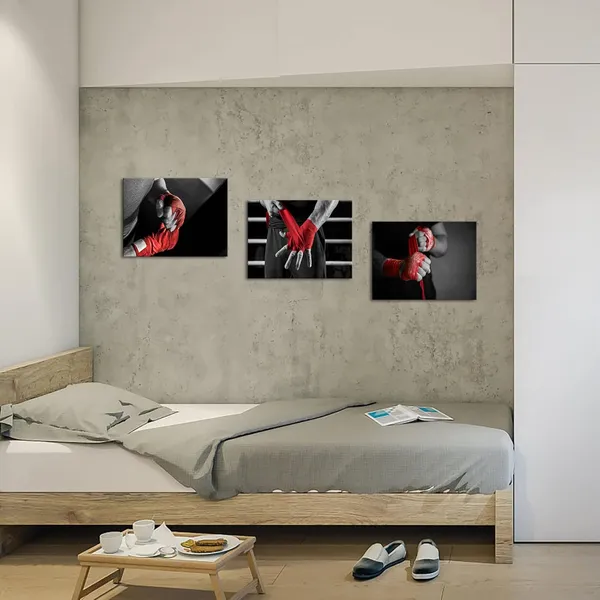 Multicolor_3_Piece_Black_and_White_Red_Canvas_Wall_Art_Boxer_with_Red_Boxing_Bandages_Picture_Painting_Gym_Sports_Bodybuilding_Poster_Prints_Framed_|_For_Man_Bedroom_Decor_Ready_to_Hang_(Small)