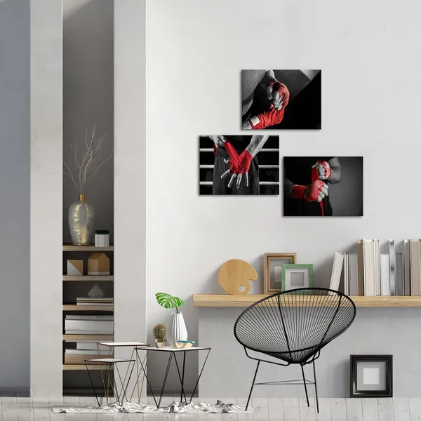 Multicolor_3_Piece_Black_and_White_Red_Canvas_Wall_Art_Boxer_with_Red_Boxing_Bandages_Picture_Painting_Gym_Sports_Bodybuilding_Poster_Prints_Framed_|_For_Man_Bedroom_Decor_Ready_to_Hang_(Small)