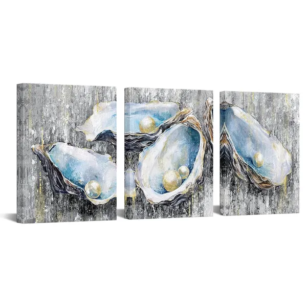 Multicolor_Blue_and_Grey_Canvas_Wall_Art_Pearl_in_Oyster_Painting_Poster_Prints_Coastal_Shells_Pictures_Artwork_|_For_Bathroom_Bedroom_Decor_(Small)