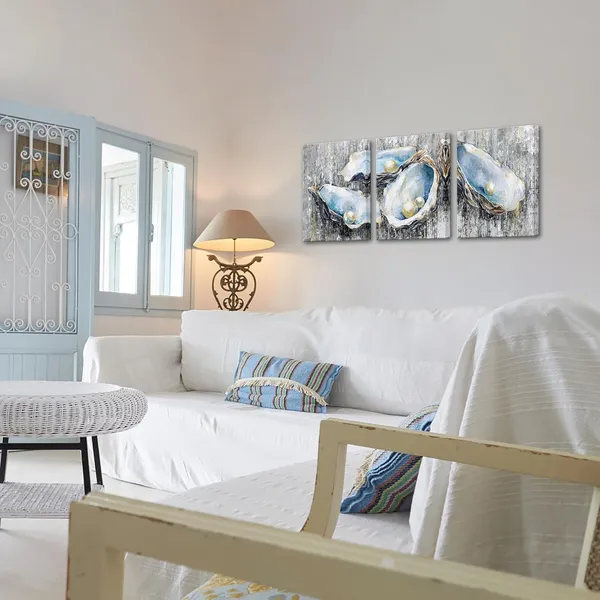 Multicolor_Blue_and_Grey_Canvas_Wall_Art_Pearl_in_Oyster_Painting_Poster_Prints_Coastal_Shells_Pictures_Artwork_|_For_Bathroom_Bedroom_Decor_(Small)