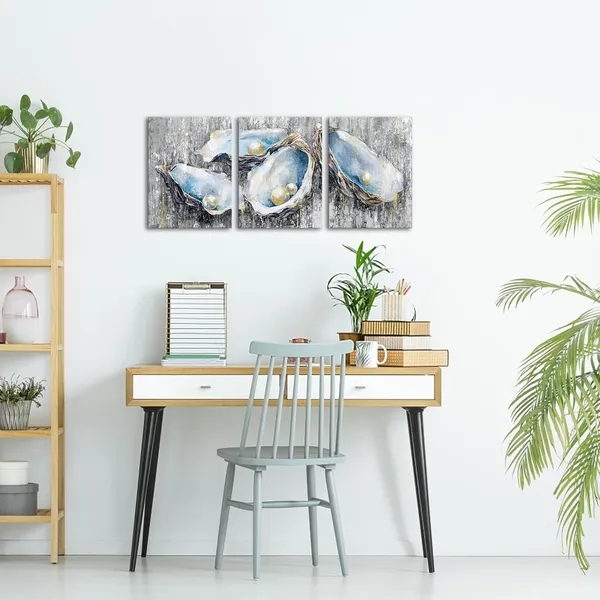 Multicolor_Blue_and_Grey_Canvas_Wall_Art_Pearl_in_Oyster_Painting_Poster_Prints_Coastal_Shells_Pictures_Artwork_|_For_Bathroom_Bedroom_Decor_(Small)