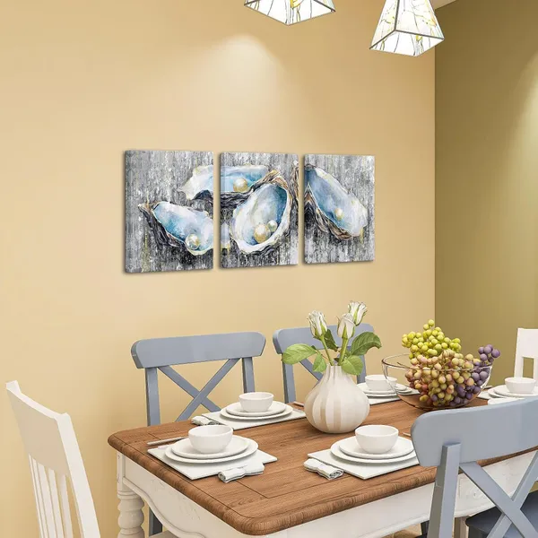 Multicolor_Blue_and_Grey_Canvas_Wall_Art_Pearl_in_Oyster_Painting_Poster_Prints_Coastal_Shells_Pictures_Artwork_|_For_Bathroom_Bedroom_Decor_(Small)
