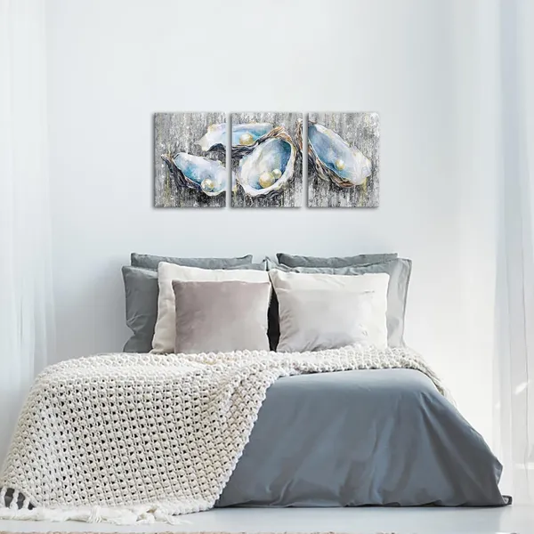 Multicolor_Blue_and_Grey_Canvas_Wall_Art_Pearl_in_Oyster_Painting_Poster_Prints_Coastal_Shells_Pictures_Artwork_|_For_Bathroom_Bedroom_Decor_(Small)