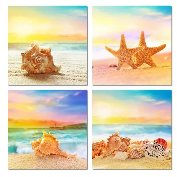 Multicolor_Seaview_Modern_Seascape_Giclee_Canvas_Prints_Artwork_Seashell_on_Beach_Landscape_Pictures_to_Photo_Paintings_on_Canvas_Wall_Art_|_For_Home_Decorations_Wall_Decor_4pcs/set_(12"x12"x4pcs)