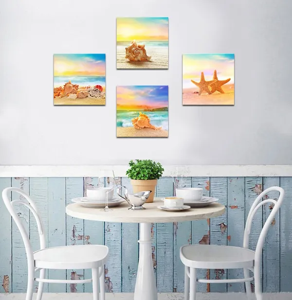 Multicolor_Seaview_Modern_Seascape_Giclee_Canvas_Prints_Artwork_Seashell_on_Beach_Landscape_Pictures_to_Photo_Paintings_on_Canvas_Wall_Art_|_For_Home_Decorations_Wall_Decor_4pcs/set_(12"x12"x4pcs)