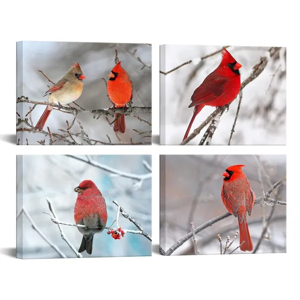 Multicolor_4_Piece_Modern_Canvas_Painting_Wall_Art_Birds_Red_Cardinal_on_Snowy_Branch_Pictures_Print_|_For_Living_Room_Decor_Winter_Landscape_Poster_Gallery_Wrap_Ready_to_Hang