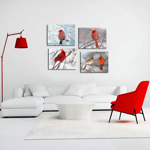 Multicolor_4_Piece_Modern_Canvas_Painting_Wall_Art_Birds_Red_Cardinal_on_Snowy_Branch_Pictures_Print_|_For_Living_Room_Decor_Winter_Landscape_Poster_Gallery_Wrap_Ready_to_Hang