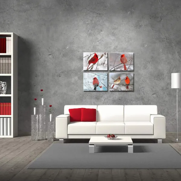 Multicolor_4_Piece_Modern_Canvas_Painting_Wall_Art_Birds_Red_Cardinal_on_Snowy_Branch_Pictures_Print_|_For_Living_Room_Decor_Winter_Landscape_Poster_Gallery_Wrap_Ready_to_Hang