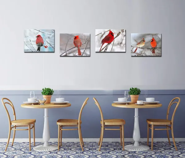 Multicolor_4_Piece_Modern_Canvas_Painting_Wall_Art_Birds_Red_Cardinal_on_Snowy_Branch_Pictures_Print_|_For_Living_Room_Decor_Winter_Landscape_Poster_Gallery_Wrap_Ready_to_Hang
