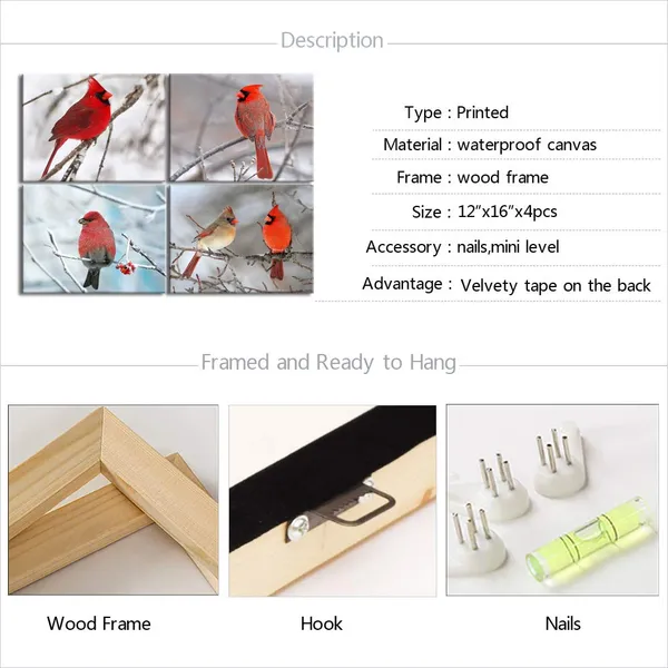 Multicolor_4_Piece_Modern_Canvas_Painting_Wall_Art_Birds_Red_Cardinal_on_Snowy_Branch_Pictures_Print_|_For_Living_Room_Decor_Winter_Landscape_Poster_Gallery_Wrap_Ready_to_Hang