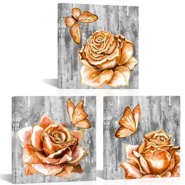 Multicolor_Orange_and_Grey_Flower_Wall_Art_Floral_with_Butterfly_Paintings_Canvas_Prints_Modern_Bathroom_Bedroom_Decor_Artwork_(Orange)