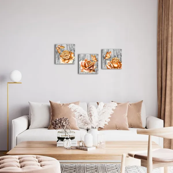 Multicolor_Orange_and_Grey_Flower_Wall_Art_Floral_with_Butterfly_Paintings_Canvas_Prints_Modern_Bathroom_Bedroom_Decor_Artwork_(Orange)