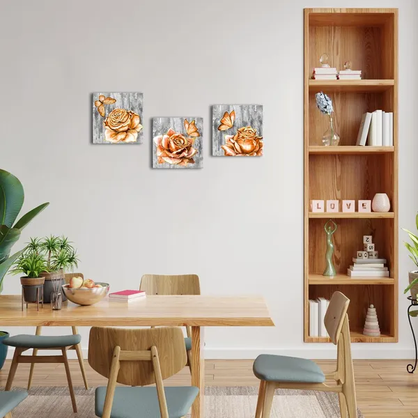 Multicolor_Orange_and_Grey_Flower_Wall_Art_Floral_with_Butterfly_Paintings_Canvas_Prints_Modern_Bathroom_Bedroom_Decor_Artwork_(Orange)