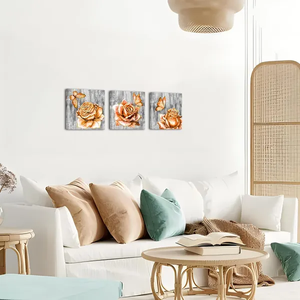 Multicolor_Orange_and_Grey_Flower_Wall_Art_Floral_with_Butterfly_Paintings_Canvas_Prints_Modern_Bathroom_Bedroom_Decor_Artwork_(Orange)