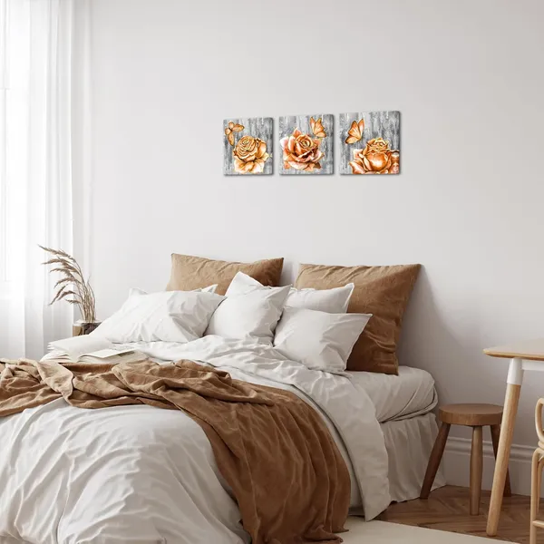 Multicolor_Orange_and_Grey_Flower_Wall_Art_Floral_with_Butterfly_Paintings_Canvas_Prints_Modern_Bathroom_Bedroom_Decor_Artwork_(Orange)