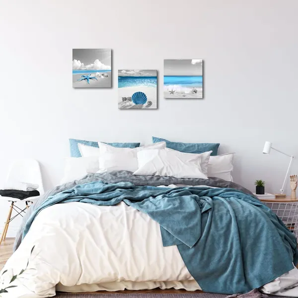 Multicolor_Coastal_Canvas_Wall_Art_Seashell_Starfish_Pictures_Prints_Bathroom_Seaside_Painting_Artwork_Framed_(Blue)