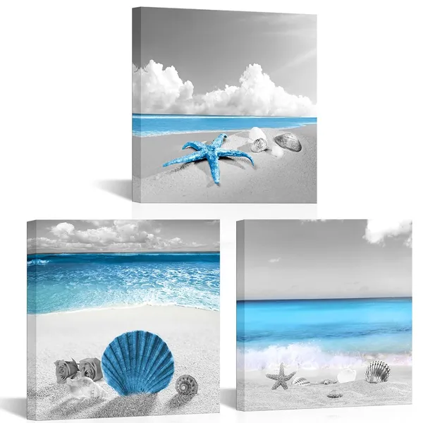 Multicolor_Coastal_Canvas_Wall_Art_Seashell_Starfish_Pictures_Prints_Bathroom_Seaside_Painting_Artwork_Framed_(Blue)