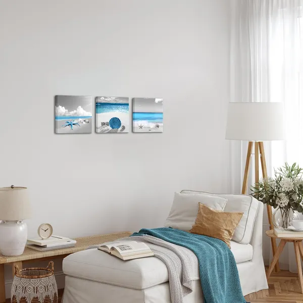 Multicolor_Coastal_Canvas_Wall_Art_Seashell_Starfish_Pictures_Prints_Bathroom_Seaside_Painting_Artwork_Framed_(Blue)