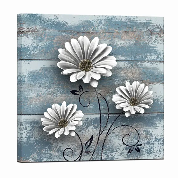Multicolor_Daisy_Wall_Art_Rustic_Blue_White_Flower_Painting_Picture_|_For_Farmhouse_Vintage_Square_Artwork_Farm_Country_Floral_Framed_|_For_Home_Decor_Ready_to_Hang_24x24_Inch