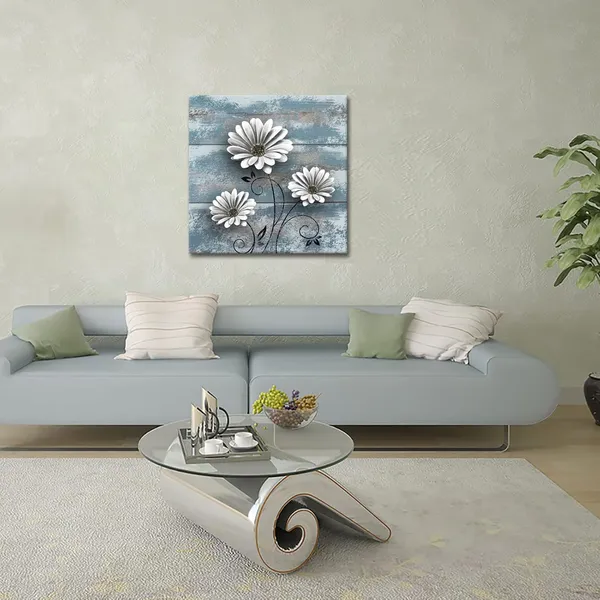 Multicolor_Daisy_Wall_Art_Rustic_Blue_White_Flower_Painting_Picture_|_For_Farmhouse_Vintage_Square_Artwork_Farm_Country_Floral_Framed_|_For_Home_Decor_Ready_to_Hang_24x24_Inch