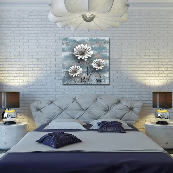 Multicolor_Daisy_Wall_Art_Rustic_Blue_White_Flower_Painting_Picture_|_For_Farmhouse_Vintage_Square_Artwork_Farm_Country_Floral_Framed_|_For_Home_Decor_Ready_to_Hang_24x24_Inch
