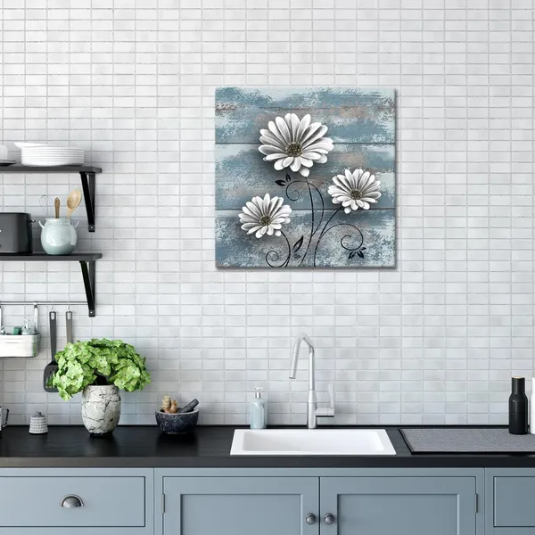 Multicolor_Daisy_Wall_Art_Rustic_Blue_White_Flower_Painting_Picture_|_For_Farmhouse_Vintage_Square_Artwork_Farm_Country_Floral_Framed_|_For_Home_Decor_Ready_to_Hang_24x24_Inch