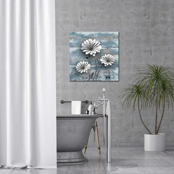 Multicolor_Daisy_Wall_Art_Rustic_Blue_White_Flower_Painting_Picture_|_For_Farmhouse_Vintage_Square_Artwork_Farm_Country_Floral_Framed_|_For_Home_Decor_Ready_to_Hang_24x24_Inch