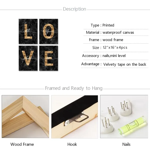 Multicolor_Glam_Black_and_Gold_Canvas_Wall_Art_All_You_Need_is_Love_Sign_Decor_Fashion_Glitter_Marble_Love_Quotes_|_For_Girl_Women_Bedroom_Bathroom_Valentine's_Day_Gifts_(Black)
