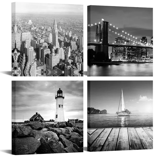Multicolor_New_York_City_Canvas_Print,Black_and_White_Brooklyn_Bridge,Empire_State_Building,Seascape_Lighthouse_Pictures_Giclee_Print_on_Canvas,Landscape_Canvas_Wall_Art_Ready_to_Hang