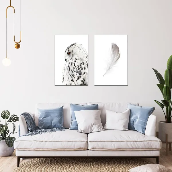 Multicolor_Contemporary_Wall_Art_Canvas_Grey_Owl_Pictures_|_For_Living_Room_Feather_Paintings_Modern_Animal_Prints_Giclee_Artwork_Stretched_Ready_to_Hang,Each_Piece_16x24_inch