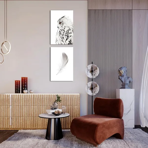 Multicolor_Contemporary_Wall_Art_Canvas_Grey_Owl_Pictures_|_For_Living_Room_Feather_Paintings_Modern_Animal_Prints_Giclee_Artwork_Stretched_Ready_to_Hang,Each_Piece_16x24_inch