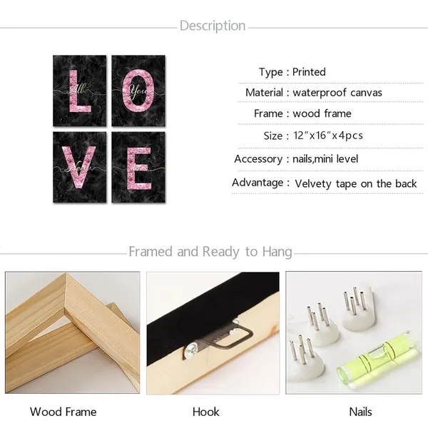 Multicolor_Glam_Pink_Canvas_Wall_Art_All_You_Need_is_Love_Sign_Decor_Fashion_Glitter_Marble_Love_Quotes_|_For_Girl_Women_Bedroom_Bathroom_Valentine's_Day_Gifts_(Black)