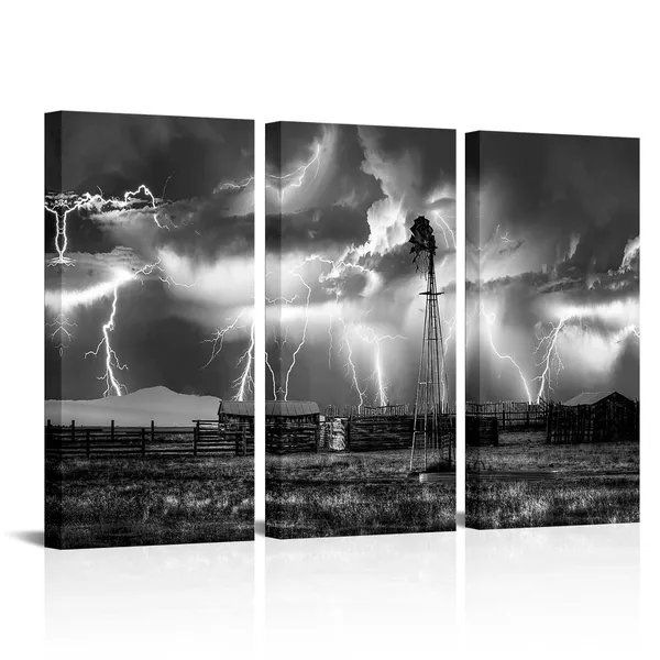 Multicolor_3_Piece_Black_and_White_Wall_Art_Lightning_Strikes_in_The_Clouds_Painting_on_Canvas_Storm_Colorado_Old_Farm_Windmill_Landscape_Picture_Print_|_For_Home_Office_Living_Room_Farmhouse_Decoration