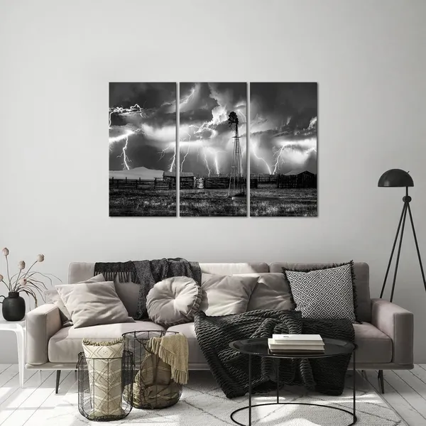 Multicolor_3_Piece_Black_and_White_Wall_Art_Lightning_Strikes_in_The_Clouds_Painting_on_Canvas_Storm_Colorado_Old_Farm_Windmill_Landscape_Picture_Print_|_For_Home_Office_Living_Room_Farmhouse_Decoration
