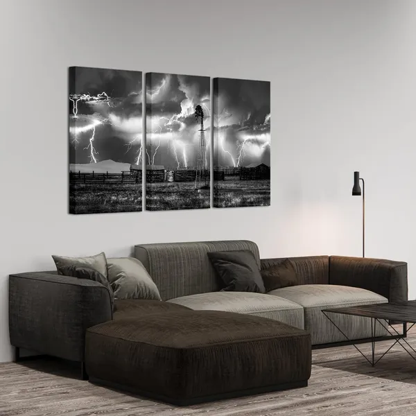 Multicolor_3_Piece_Black_and_White_Wall_Art_Lightning_Strikes_in_The_Clouds_Painting_on_Canvas_Storm_Colorado_Old_Farm_Windmill_Landscape_Picture_Print_|_For_Home_Office_Living_Room_Farmhouse_Decoration